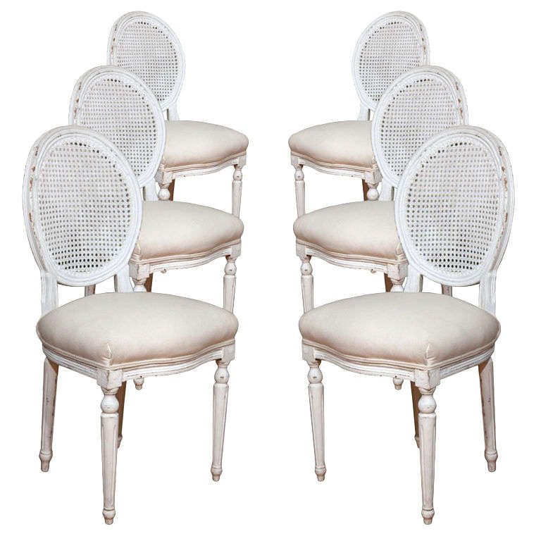 Six Louis XVI Style Painted Dining Chairs with Caned Backs at 1stDibs