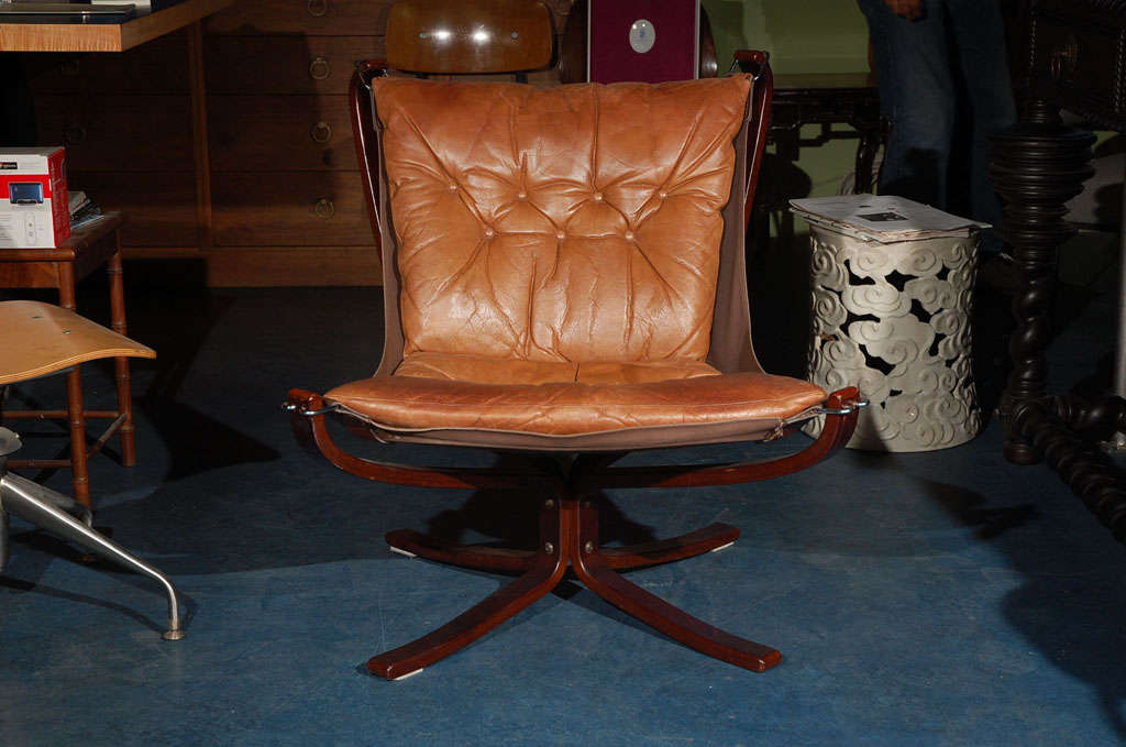 Denmark: falcon leather seat and canvas back mahogany sling chair, 1950's