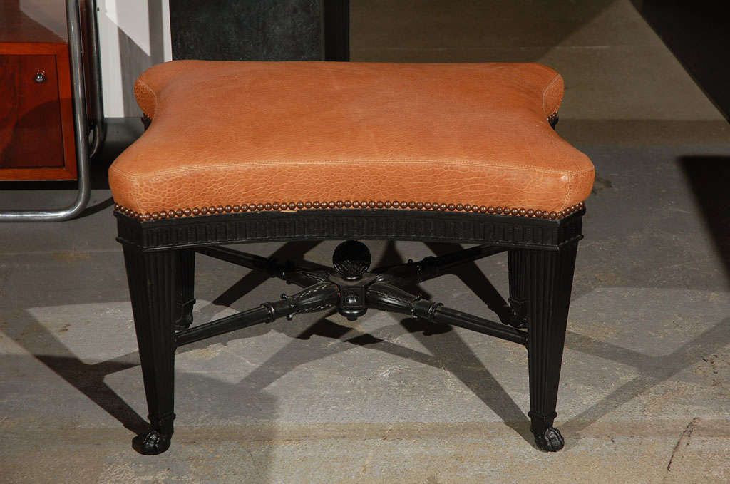 Regency style carved & ebonized bench with shaped seat, ca. 1930