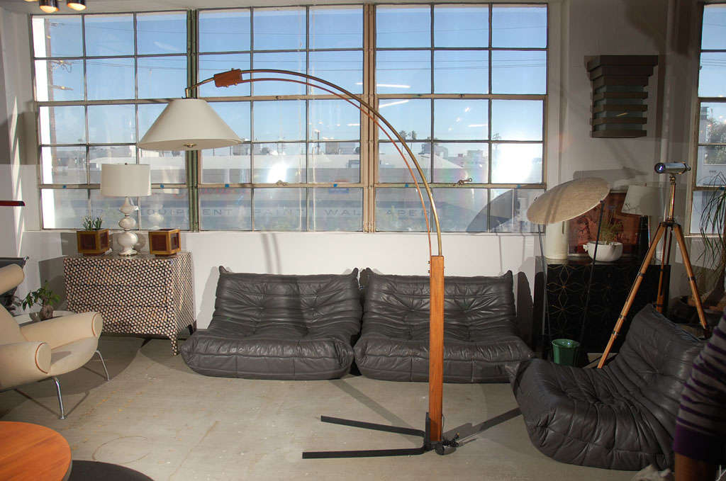 Large arc form curved wood and brass floor lamp
