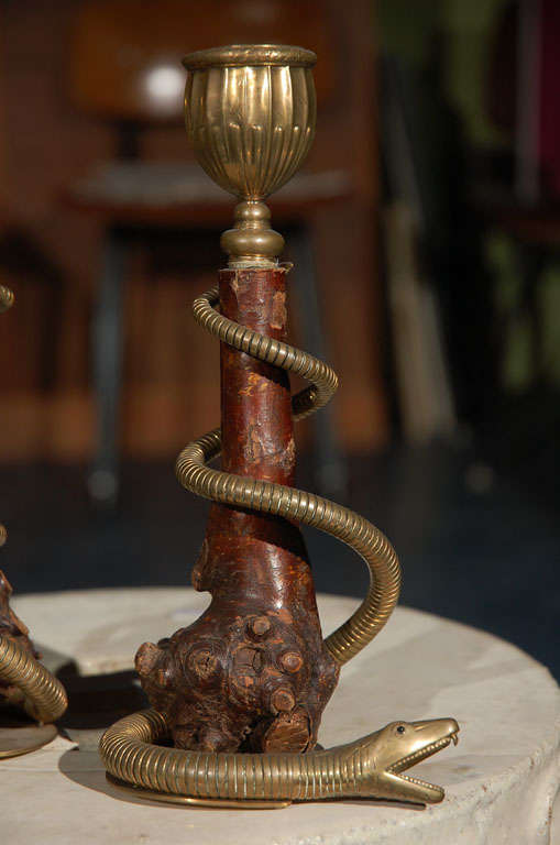 Unknown Pair of Antique Writing Snake Candlesticks