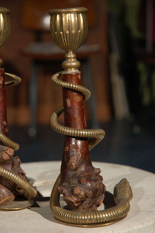 Pair of Antique Writing Snake Candlesticks In Good Condition In Los Angeles, CA