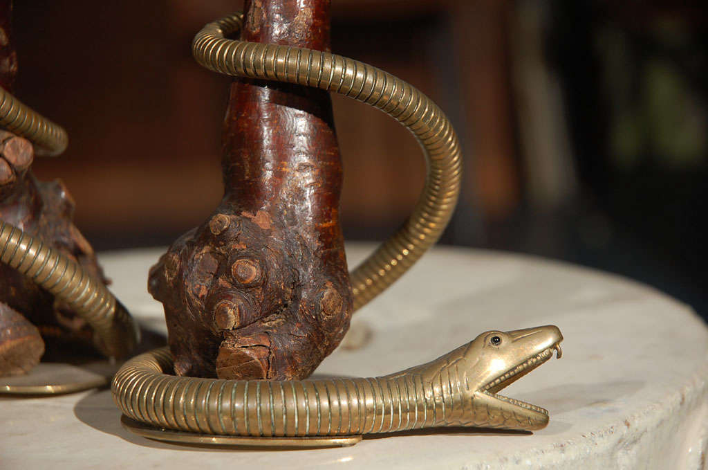 19th Century Pair of Antique Writing Snake Candlesticks