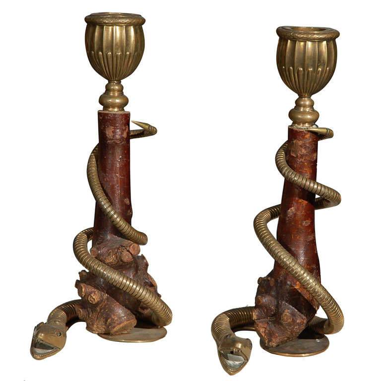 Pair of Antique Writing Snake Candlesticks