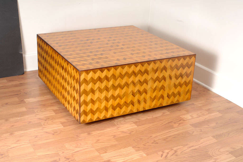 60's Herringbone Parquetry coffee table w/ rosewood edging