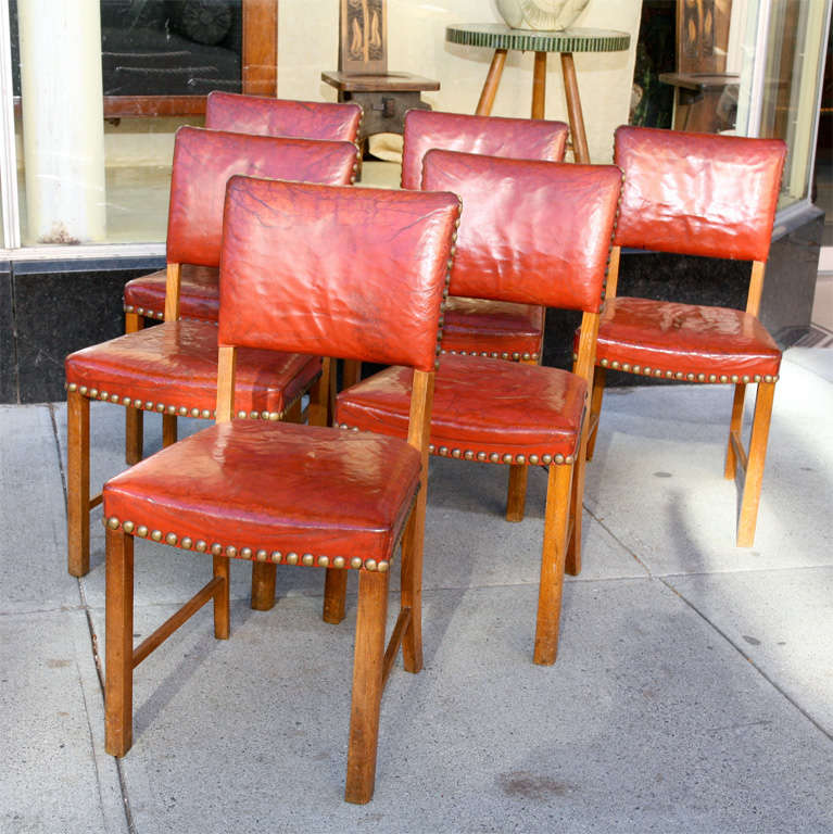 Danish Set of 6 Red Leather Dining Chairs