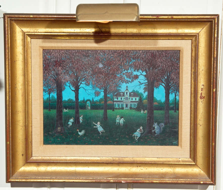 OIL PAINTING ON BOARD. CHILDREN PLAYING IN HOUSE YARD. ANIMALS (SQUIRRELS AND HENS) IN PAINTING ARE MUCH LARGER THAN CHILDREN.ORIGINALLY PURCHASED FROM MAYNARD WALKER GALLERY 117 E 57TH ST. NYC IN 1966. HER WORKS OF SIMILAT STYE AND SIZE SOLD ON