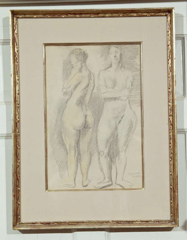 FRAMED PENCIL SKETCH OF TWO VIEWS OF A NUDE BY RAPHAEL SOYER. NICELY DOUBLE FRAMED