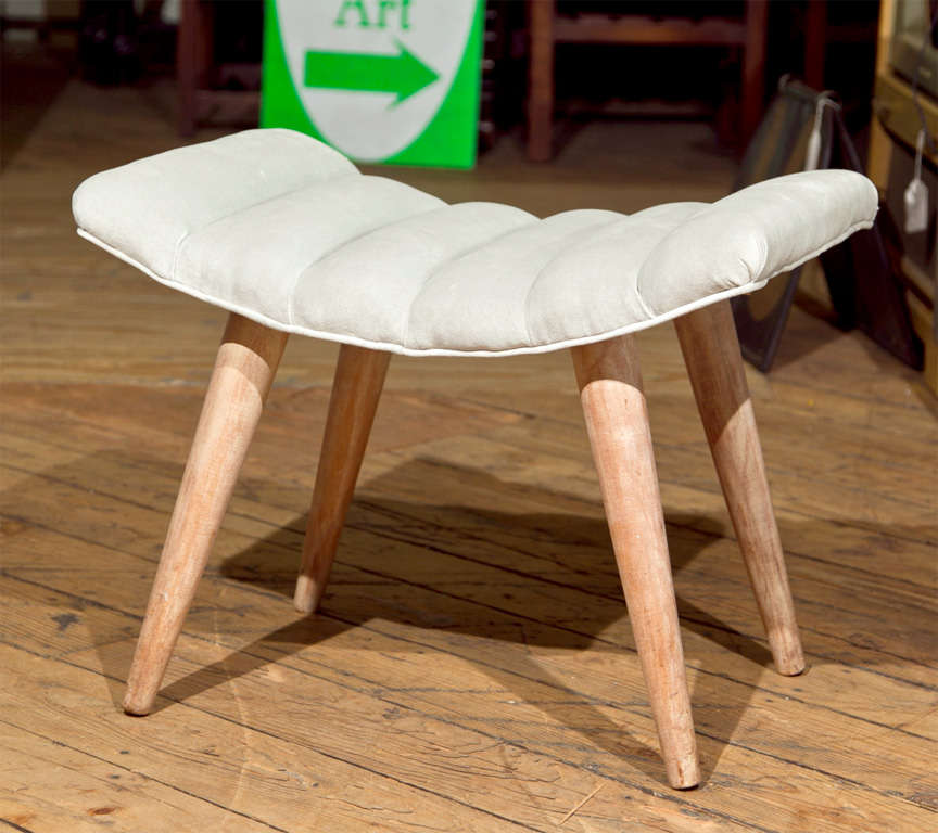 Curved seat with channeling. Reupholstered in beige velvet, pickled maple legs.