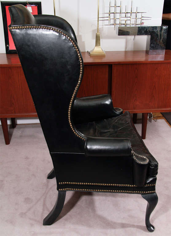 20th Century Vintage Black Leather Wing Chair