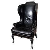 Vintage Black Leather Wing Chair