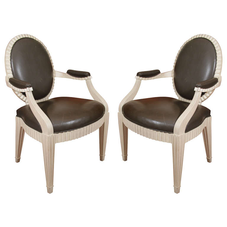 Pair of Donghia  Armchairs in White with Gray Leather