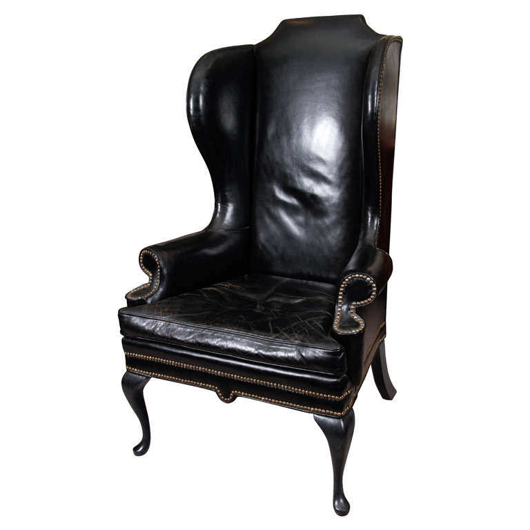 Vintage Black Leather Wing Chair at 1stDibs