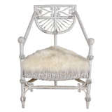 Antique Wicker Corner Chair with Sheepskin Fur Seat