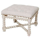 Carved and Painted Turned Leg Tufted Ottoman with Wool Crewl Top