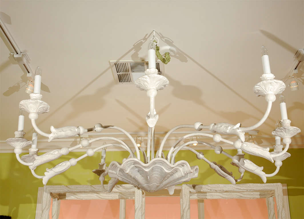 Carved and Painted Plaster, Wood and Metal 10 Light Chandelier