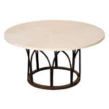 Limestone Top Coffee Table with Black Painted Wrought Iron Base