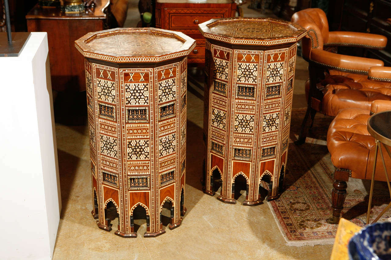 Pair of over-sized, hand-carved and inlaid, Moorish-style, side tables featuring Mother-of-Pearl.