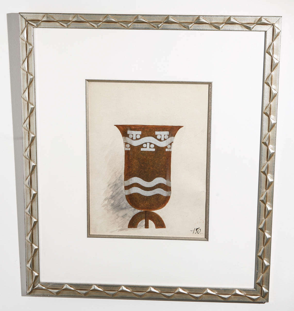 Beautifully framed gouache sketch of Dinanderie vessel Dinanderie is the French method of hammering silver onto bronze.