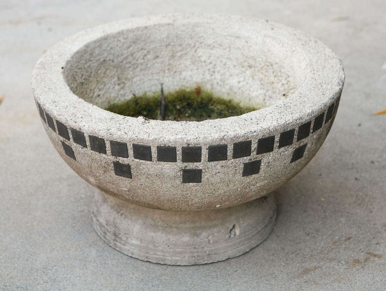 These wonderful cement planters are similar to Roadside Pottery. From what I have heard they are from the same era. One of the planters is not attached to the base. One has a chip and is missing a tile as pictured. Once planted it would not show.