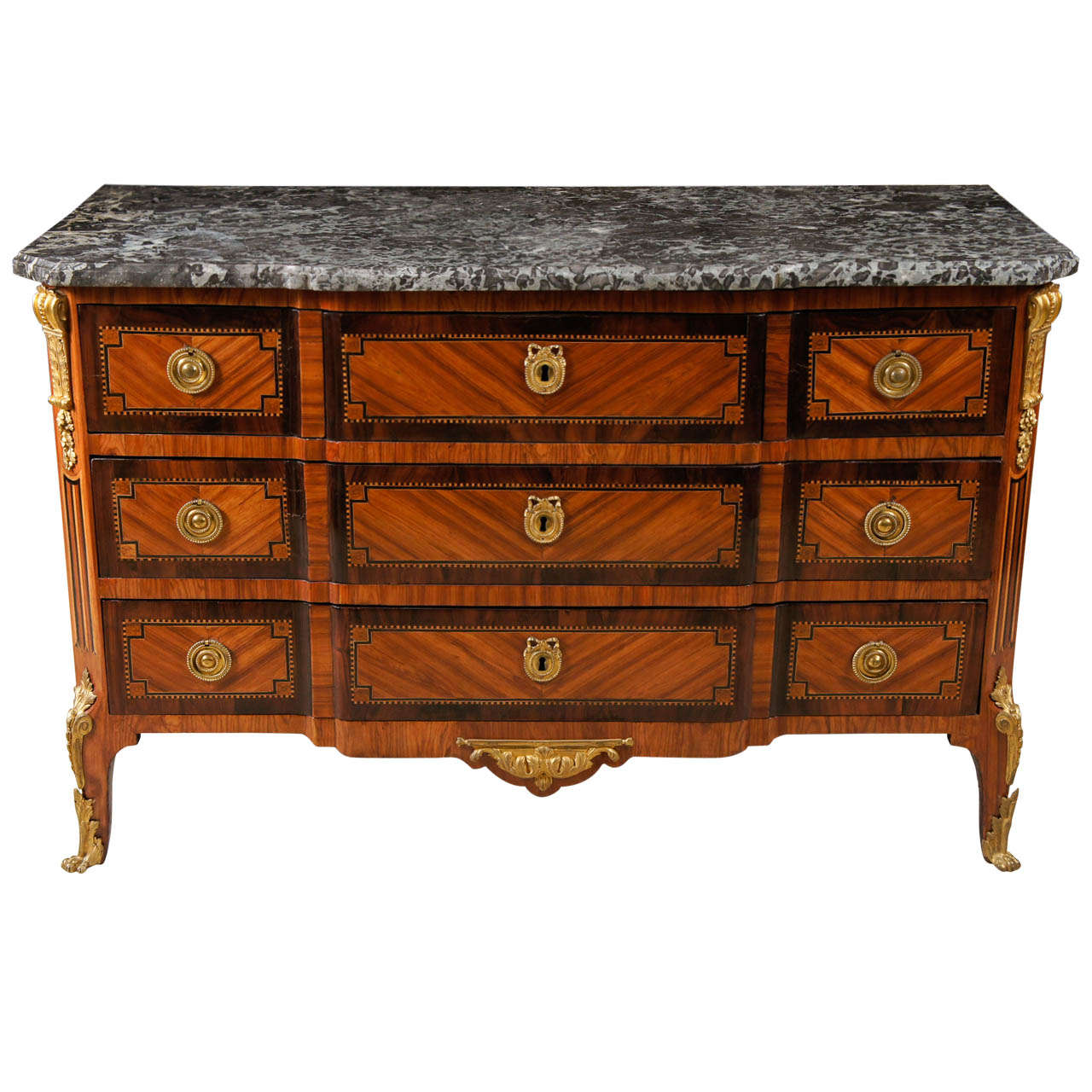18th C. Transitional  Louis XV to Louis XVI Marquetry Marble Topped Commode For Sale