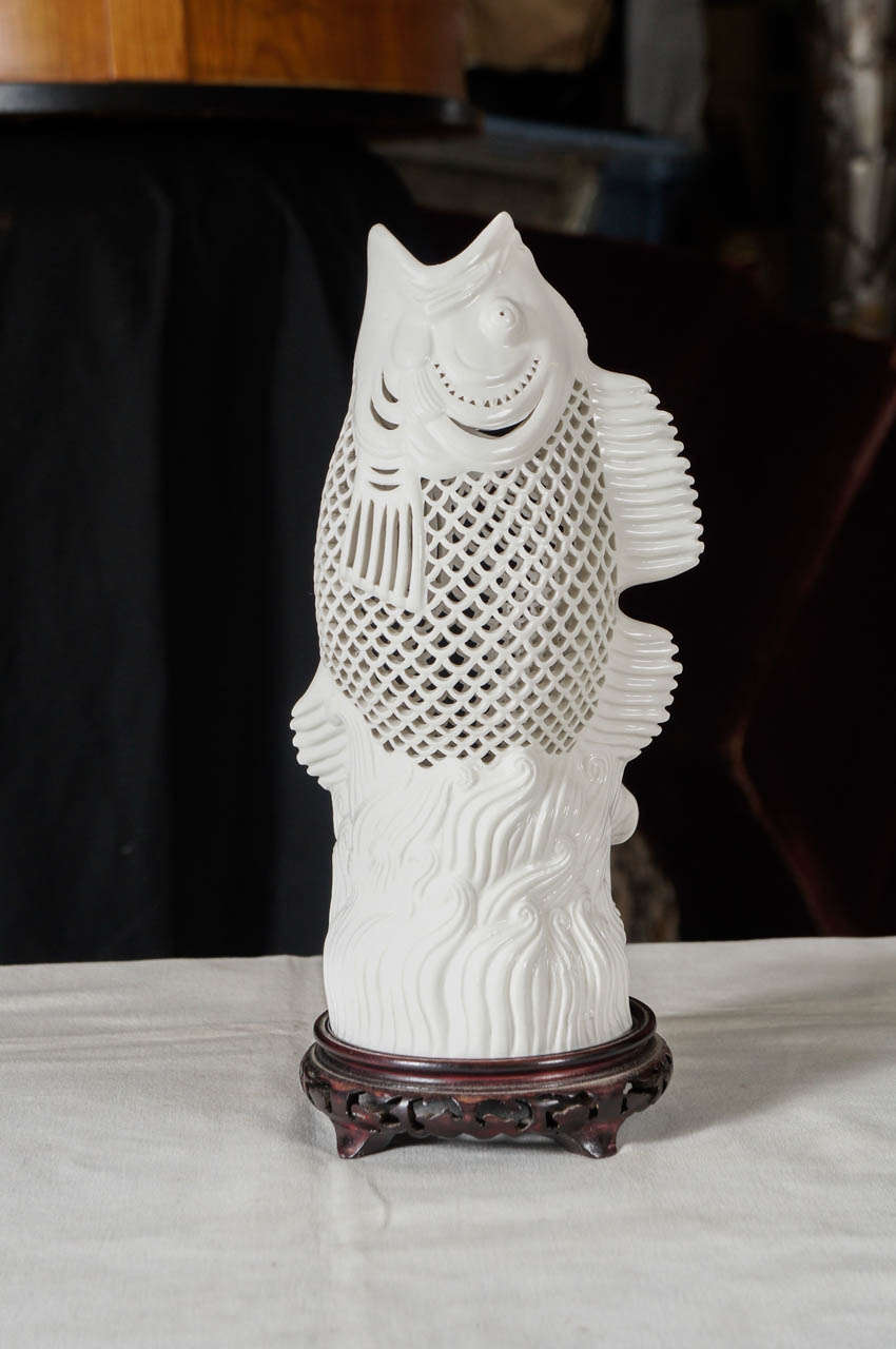 A Vintage Pair of Carved Porcelain Carp on Carved Hard Wood Bases In Excellent Condition In Hudson, NY