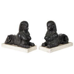 A Fine Pair of Bronzed Spelter Sphinxes on Marble Bases