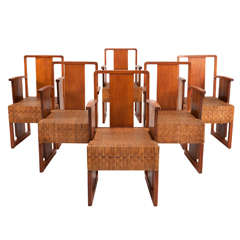 Antique Set of 6 Art Deco Arm Chairs with Cubistic Cane Seats