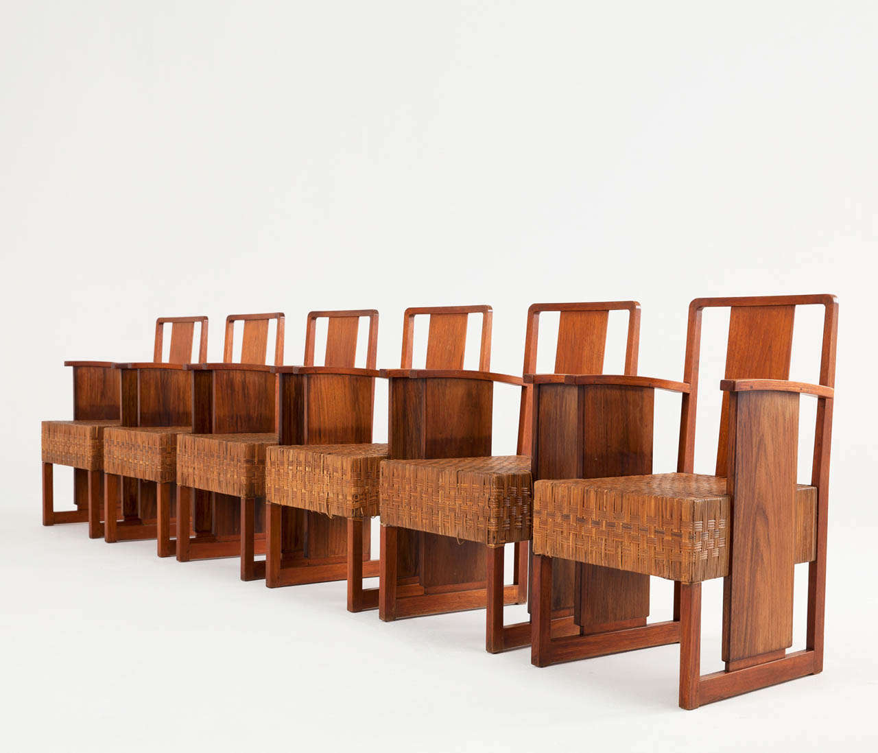 Set of 6 Art Deco Arm Chairs with Cubistic Cane Seats at 1stdibs