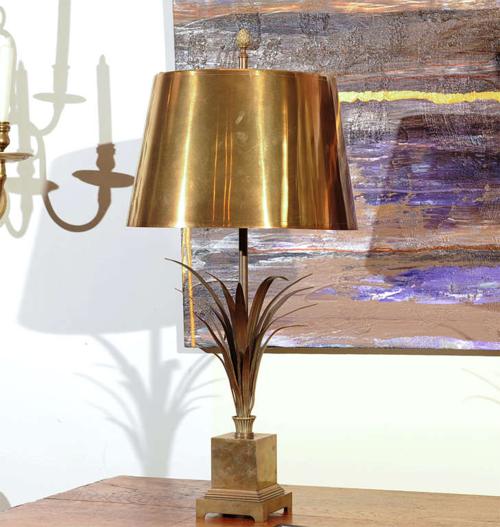 A chic pair of patinated bronze palm-motif lamps with original bronze shades, signed Charles & Fils - circa 1950 - France