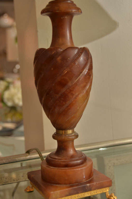 Pair of Rare Dark Amber Alabaster Lamps For Sale 2