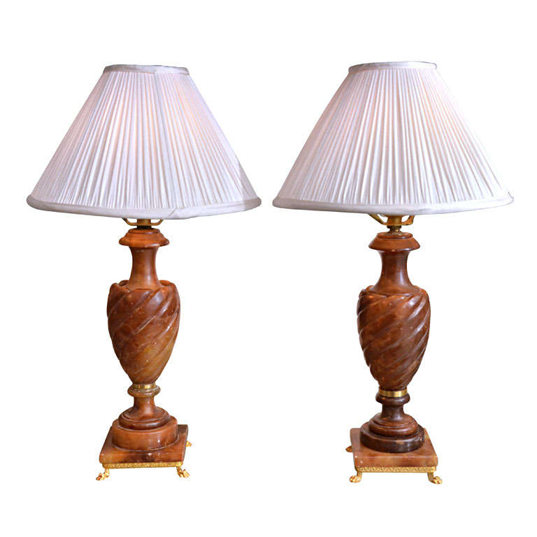 Pair of Rare Dark Amber Alabaster Lamps For Sale