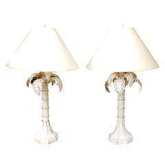 Pair of White Tole Palm Leaf Lamps