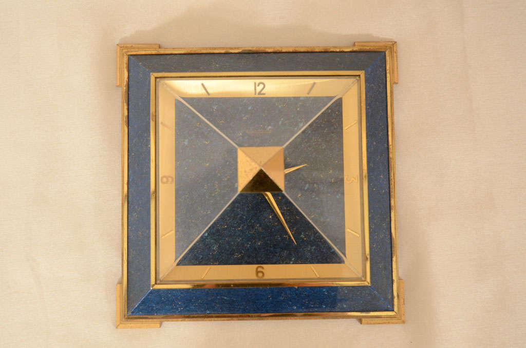 Mid-20th Century Jaeger-LeCoultre Gilt Brass and Faux Lapis Pyramid Desk Clock