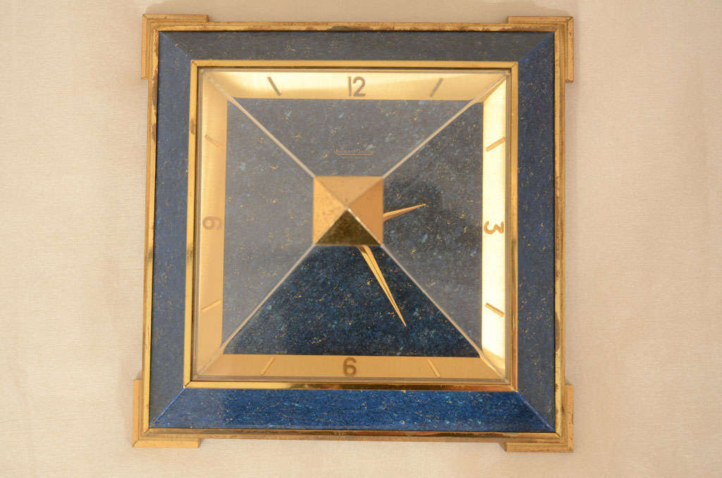 Extremely rare Jaeger LeCoultre pyramid clock. Faux lapis dial is beautifully finished. Applied numerals, gilt hands and 8-day movement, model no. 475. Comes with the original fitted box which is also marked 475 for the model number. This clock