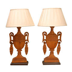 A Pair of  Carved Wood Urn-Form Appliqués Mounted as Lamps