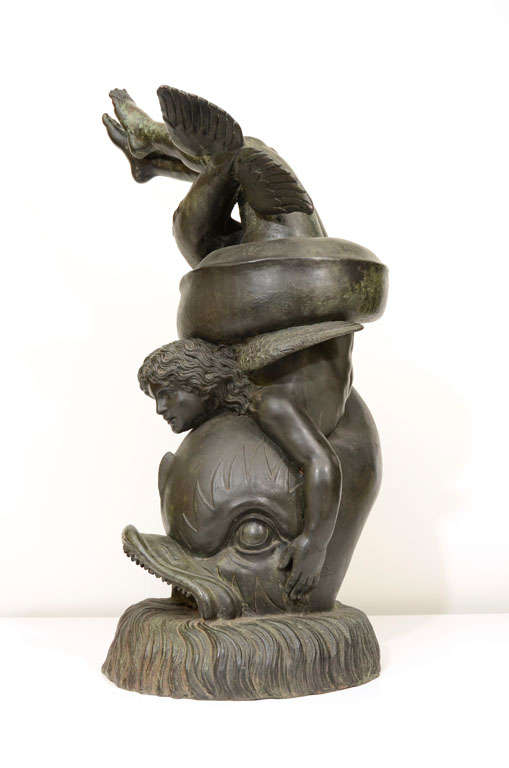 very unusual early 19 C Italian bronze fountain of Dolphin wrapped around child. incredible quality