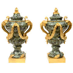 Pair of Early 19 C Green Marble and Bronze Casolettes