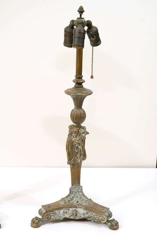 Unusual Pair of  E. F. Caldwell Bronze Lamps with figural heads and claw feet. signed on bottom of the feet