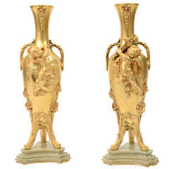 Pair of Bronze and Marble Vases, Signed Auguste Moreau