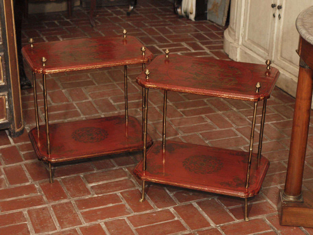 Tables - PR. Side Tables of red lacquer supported by bronze dore bamboo legs finished with miniature pineapple finials.  THE lacquered shelves embellished with gold motifs of birds, wheat and flowers.