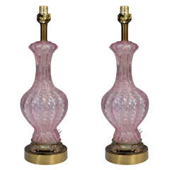 A Pair of Mid Century Pink Murano Glass Lamps with Silver Flecks A Pair of Mid Century Pink Murano Glass Lamps with Silver Flecks