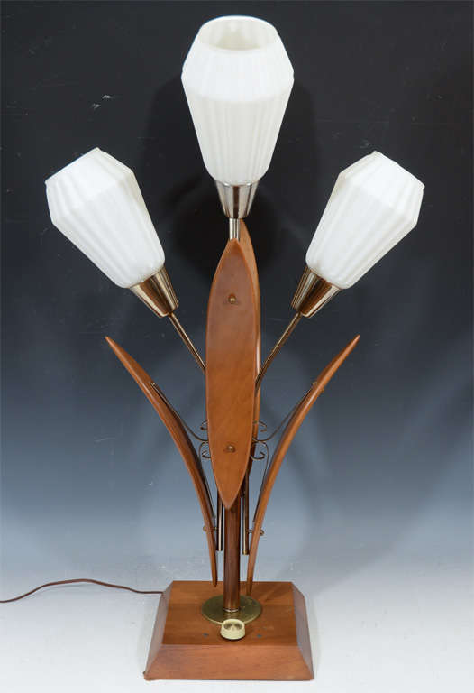 Vintage Mid Century Modern Lamp With Flowers Inside And Wood MCM Flower Power