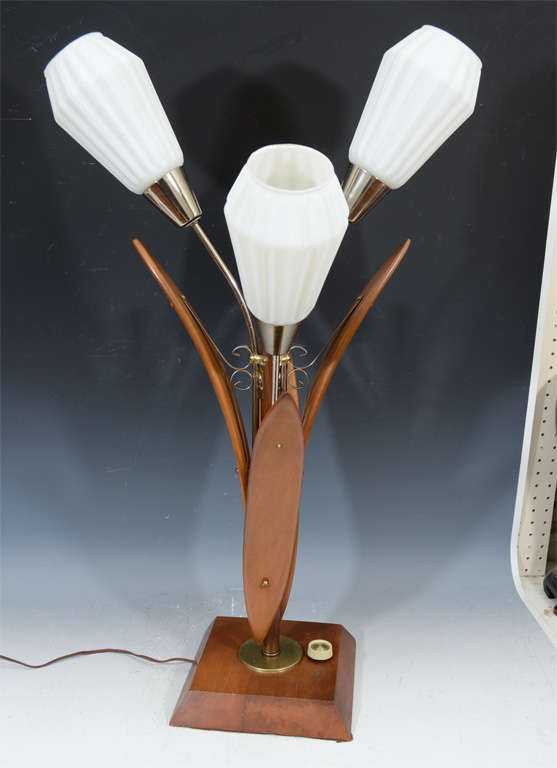 Teak Mid Century Flower Form Wood and Brass Table Lamp