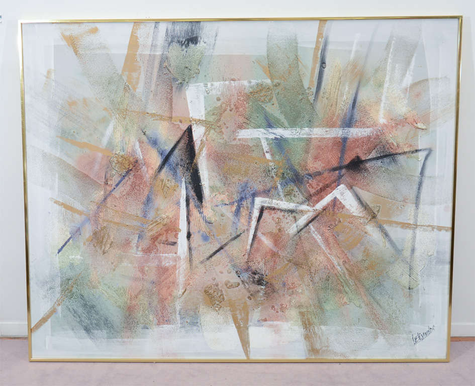 A vintage abstract painting composed of angled brush strokes  in muted tones and in its original brass frame. The piece is signed Lee Reynolds in the lower right corner and is a production of his well known Vanguard Studios.

Reynolds was born Lee