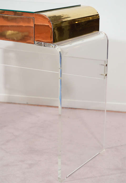 Mid Century Vanity Table in Lucite, Brass and Mirror