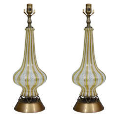 Mid Century Brass and Striped Murano Glass Lamps