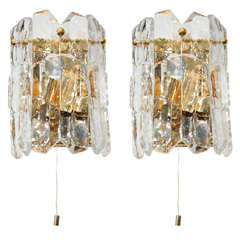 Pair of Mid Century Glass and Brass Sconces by J.T. Kalmar