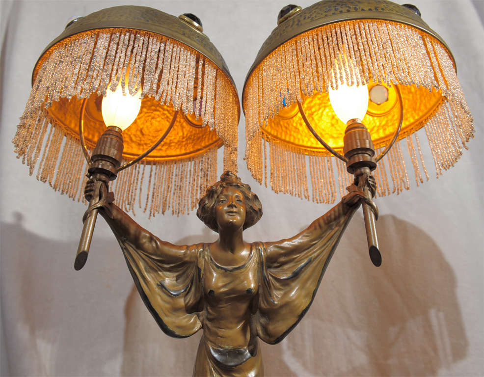 Metal Art Nouveau Jeweled Lamp