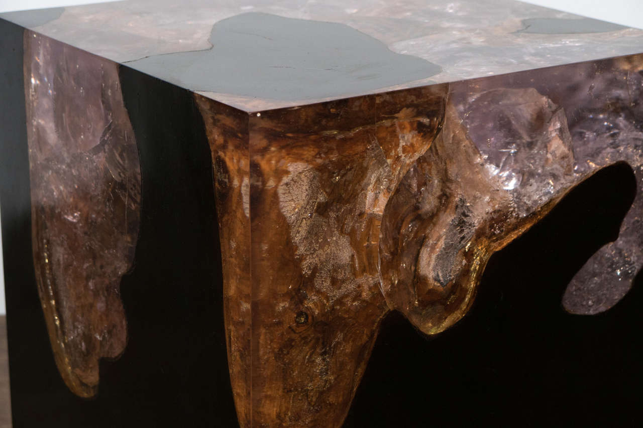 Contemporary Andrianna Shamaris Espresso Teak Wood and Cracked Resin Side Table